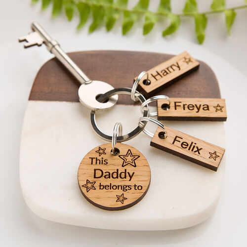 Custom Name Wooden Keychain with Stars Pattern Funny Gift for Daddy