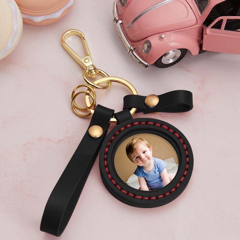 "Mom's Baby" Custom Photo Keychain With Black Leather