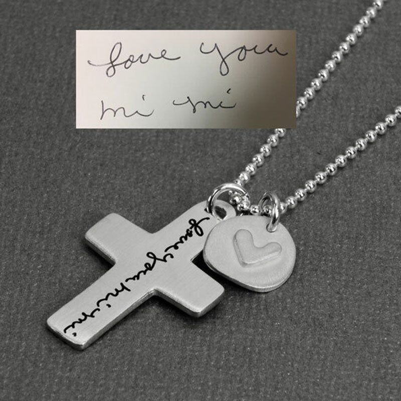 Personalized Handwriting Necklace With Cross & Small Heart