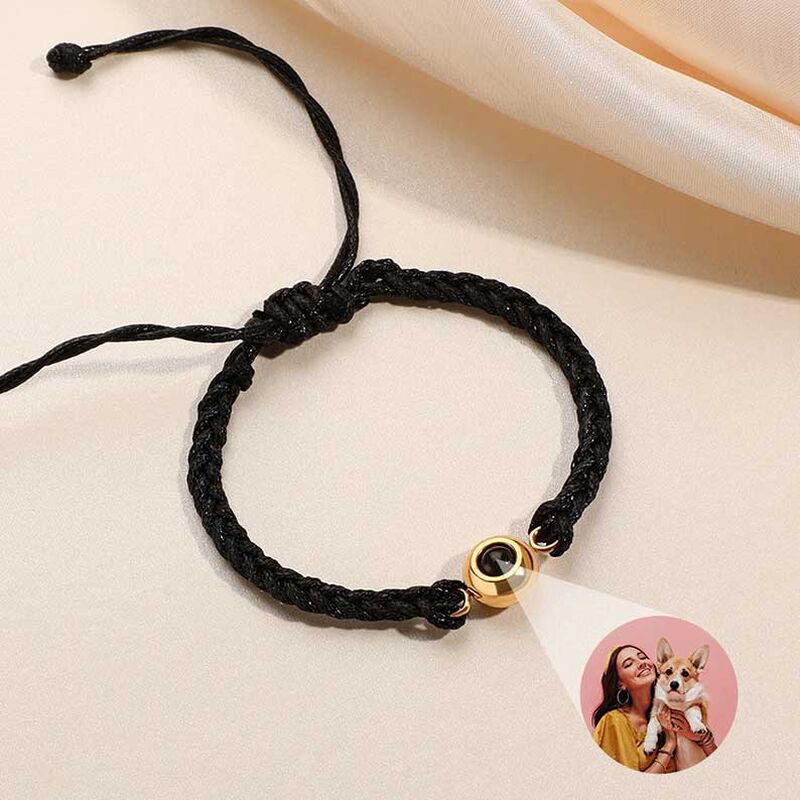 Personalized Circle Photo Projector Bracelet For Women And Men Black with Black Rope