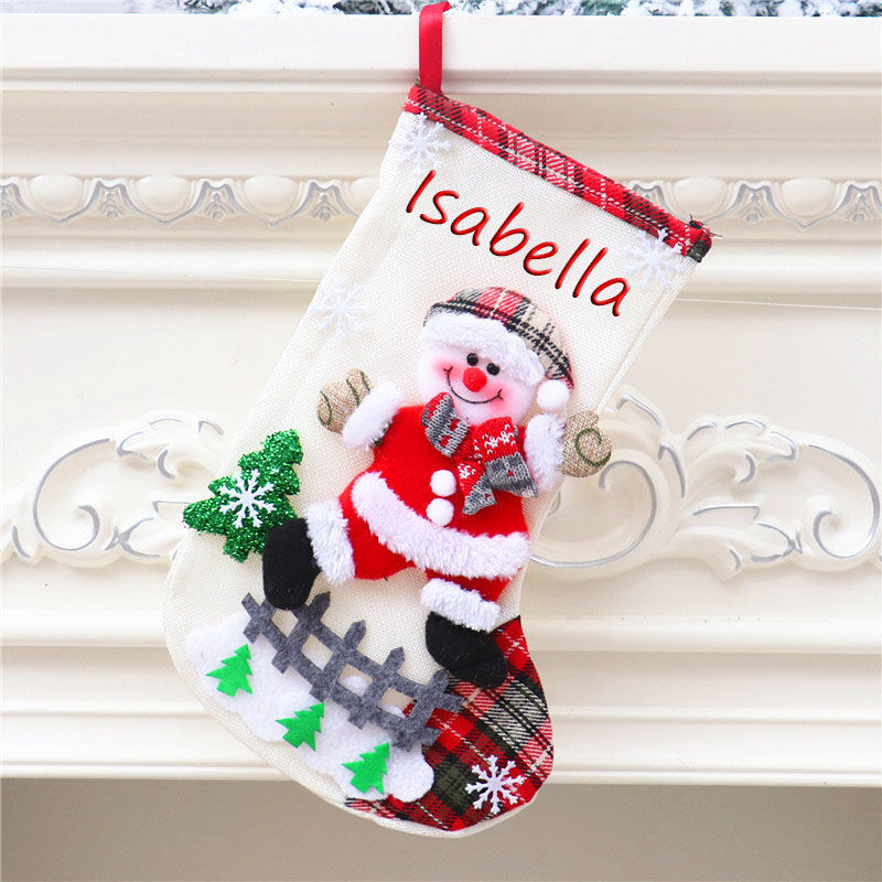 Calcetines de navidad blanco personalizados con el nombre de papá noel y copos de nieve