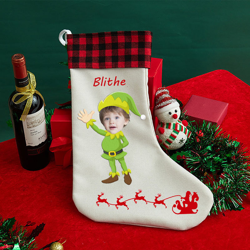 Personalized Custom Face Christmas Socking Green Kids Christmas Cartoon Image