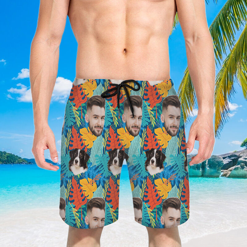 Shorts de plage Photo personnalisée  pour homme avec un beau motif de feuilles Cadeau unique pour la famille