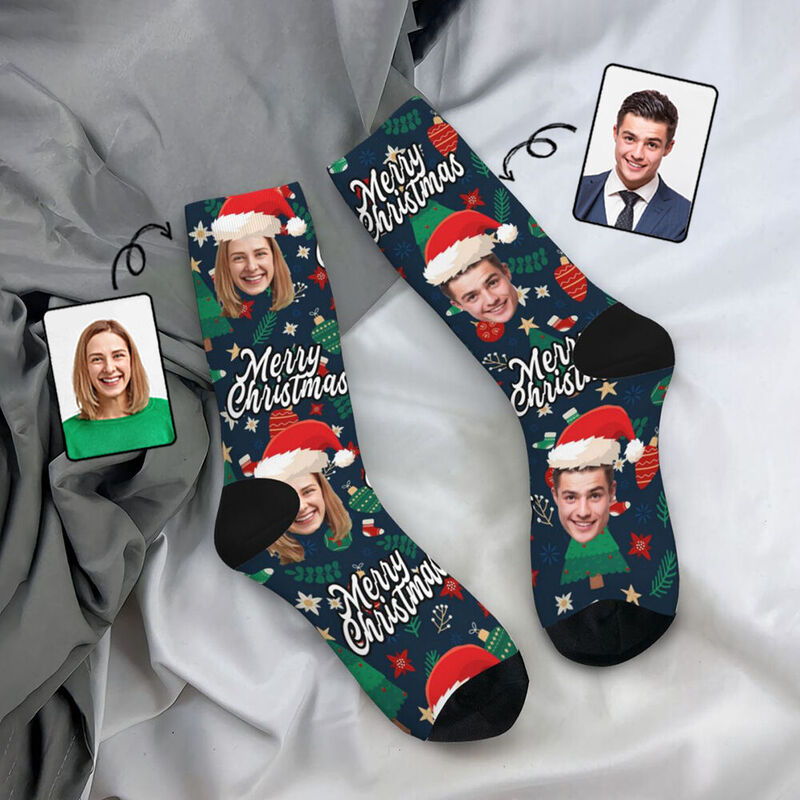 Chaussettes de Noël personnalisées avec bonnet de Père Noël et motifs décoratifs