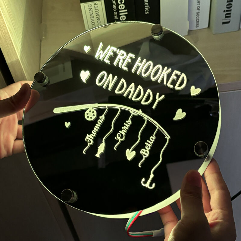 Personalized Round Mirror Lamp With Fishing Rod Cool Gift For Dad