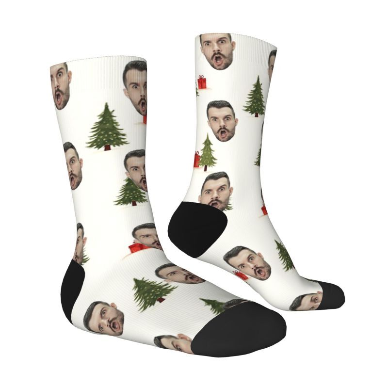 Custom Face Socks with Christmas Tree Pattern Add Photo for Christmas Gifts