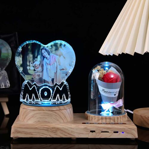 Lumière Cristal Couleur personnalisée  Haut-parleur Bluetooth Cadeau de Maman avec Fleur Immortelle