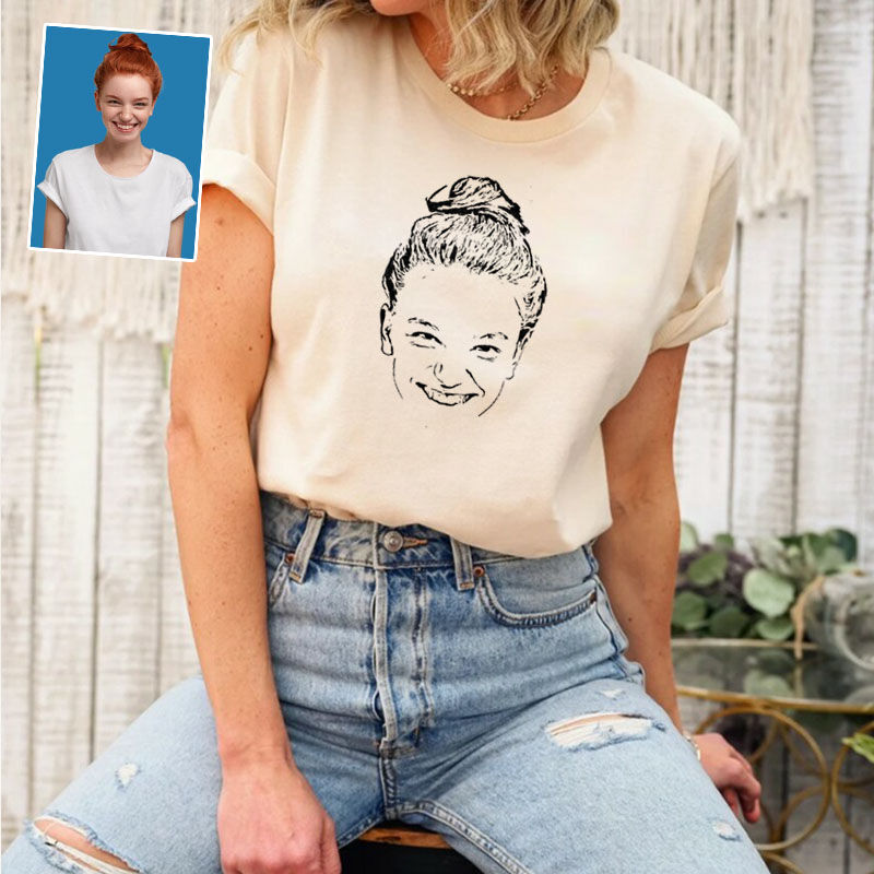 Personalized T-shirt Custom Photo of Women's Head Sketch Unique Present for Her