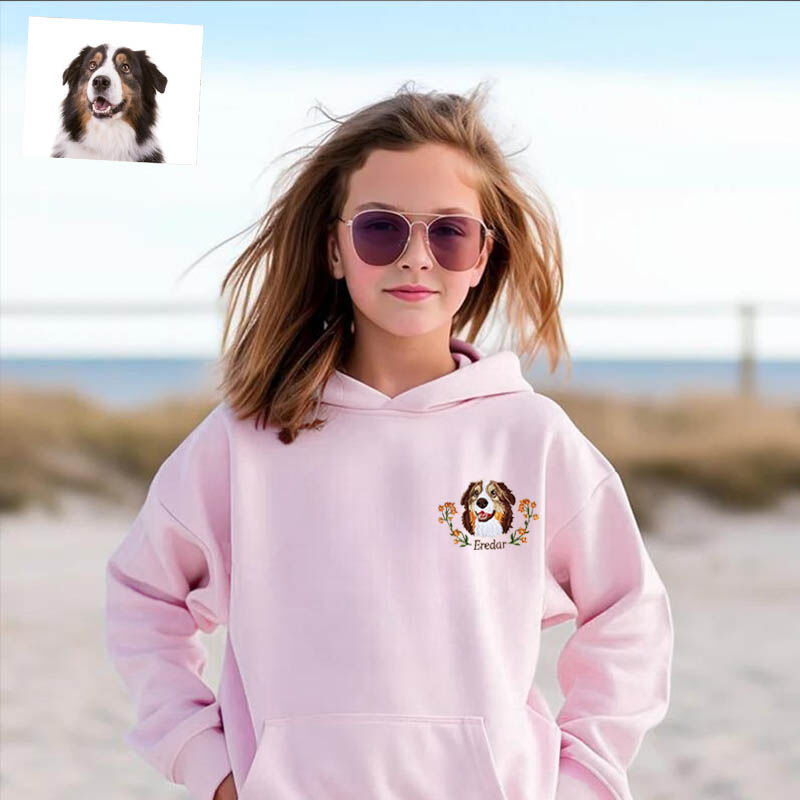 Sweat à capuche brodé personnalisé pour enfants, photo couleur de la tête d'un animal de compagnie avec décoration florale, cadeau pour enfants