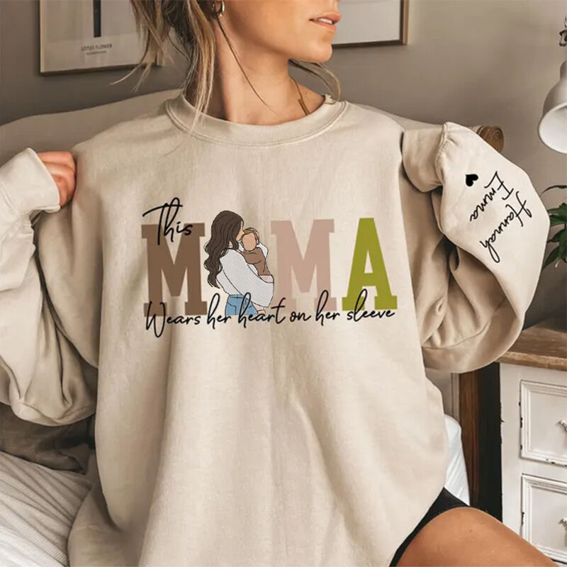 Personalized Sweatshirt Custom Photo This Mama Wears Her Heart On Her Sleeve Unique Mother's Day Gift