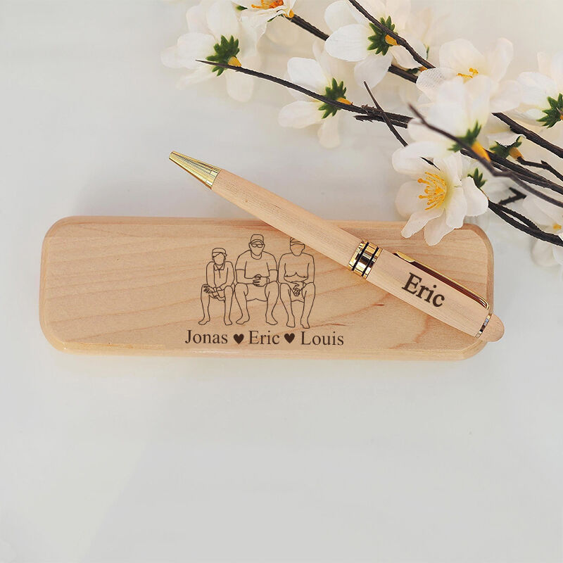 Boîte en bois personnalisée pour stylo dessin au trait personnalisé design créatif cadeau idéal pour la famille