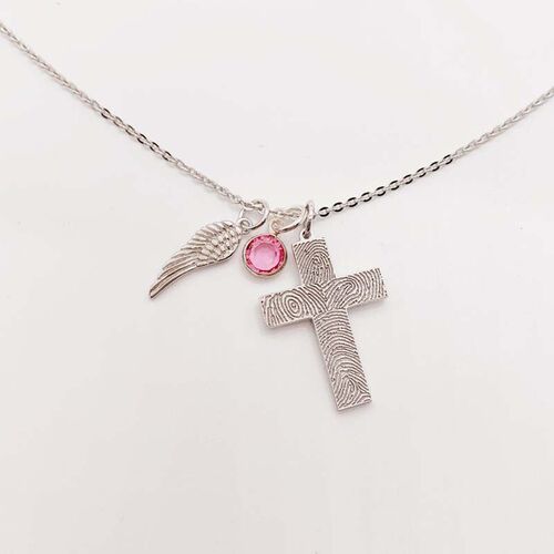 Personalised Cross Fingerprint Necklace with Wings