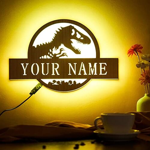Personalized Dinosaur Wooden Name Wall Light for Kids Room Birthday Gift for Teens