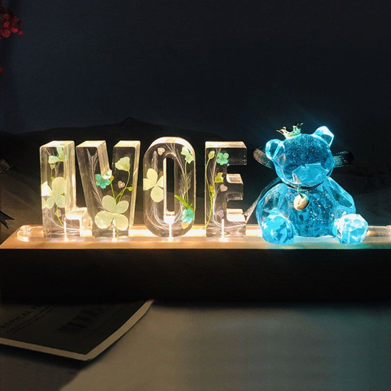 Personalized Dried Flowers Resin Letter Blue Bear Lamp-For Honey