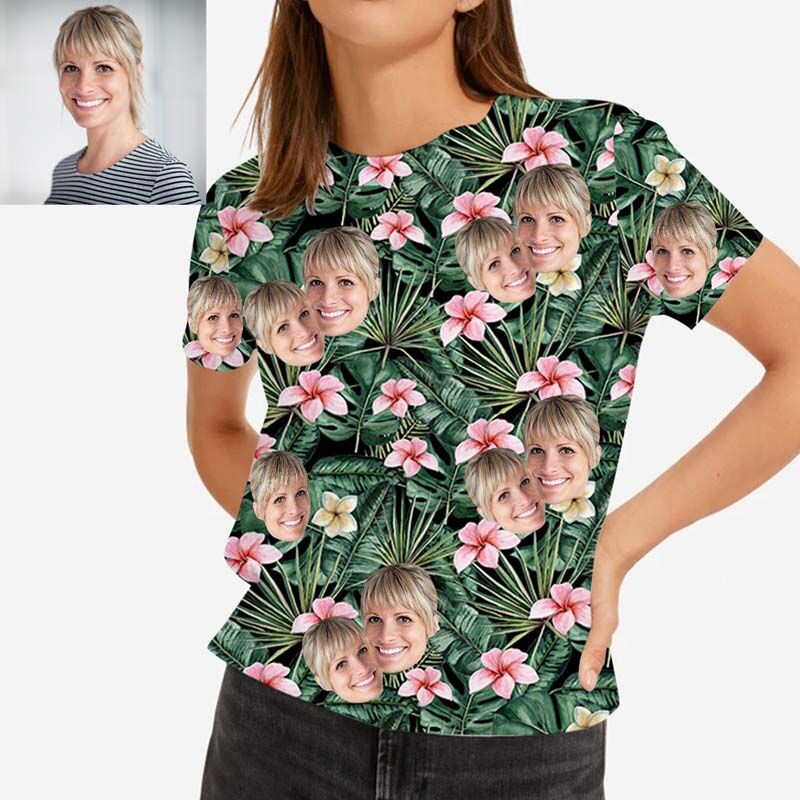 T-shirt " Belle fleur rose " hawaïen avec visage personnalisé