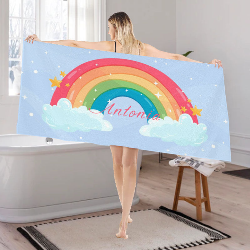Personalized Name Bath Towel with Rainbow Pattern Cute Gift for Her