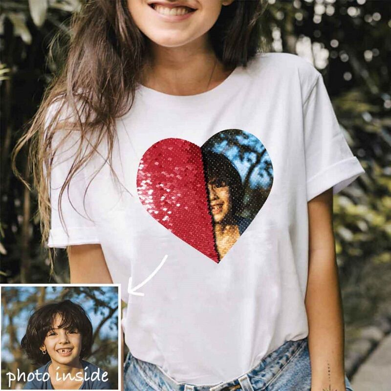 Personalized T-shirt Heart Shaped Sequin with Custom Photo Design Creative Gift for Couples