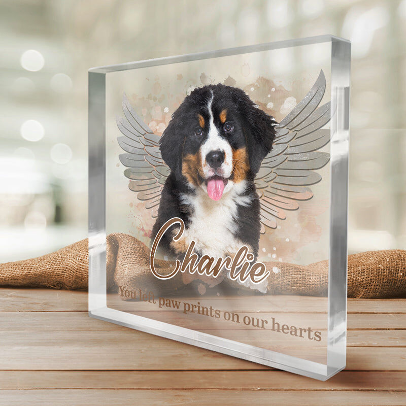 Personalized Acrylic Photo Plaque You Left Paw Prints On Our Hearts with Angel Wings Design Memorial Gift for Pet Lover