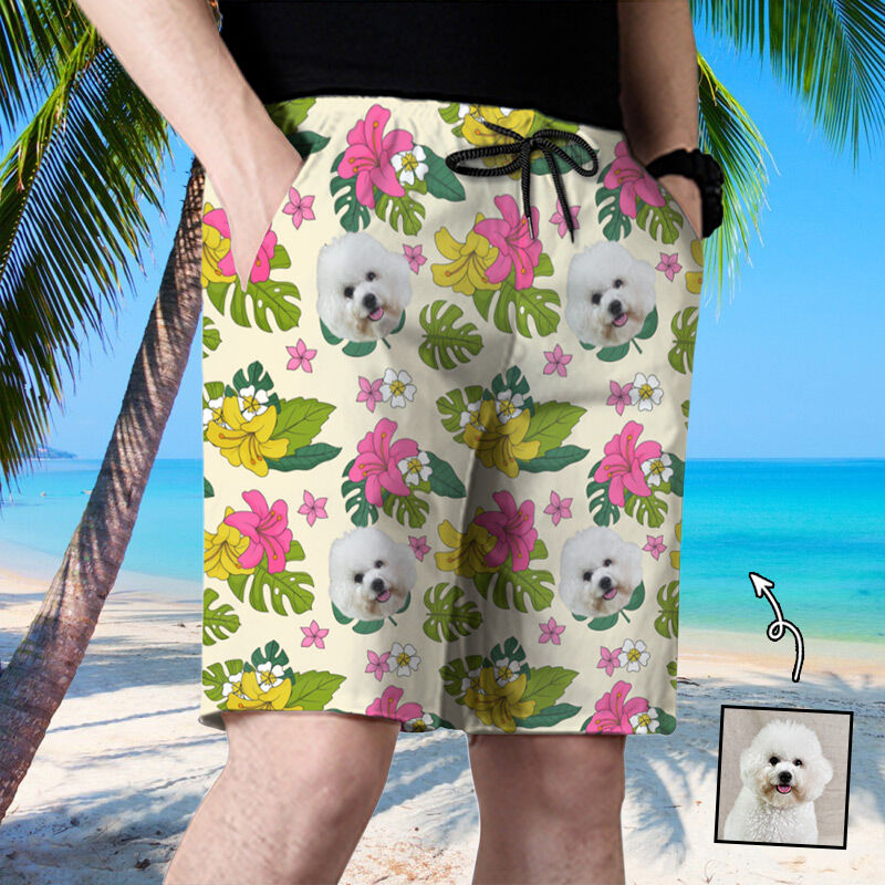 Personalized Picture Men's Beach Shorts with Pink Flowers Pattern Best Holiday Gift for Family