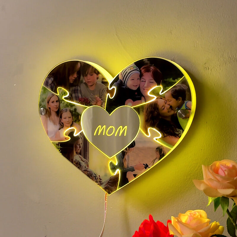 Personalized Heart Shaped Mirror Light Custom Photo Warm Gift For The Best Mom