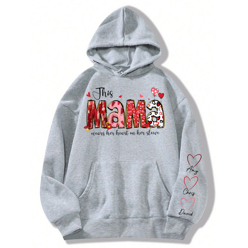 Personalized Hoodie This Mama Wears Her Heart On Her Sleeve Cute Red Design Perfect Mother's Day Gift