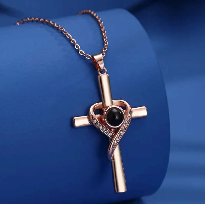 Personalized Heart Shaped Cross Projection Picture Necklace Gift for Couple