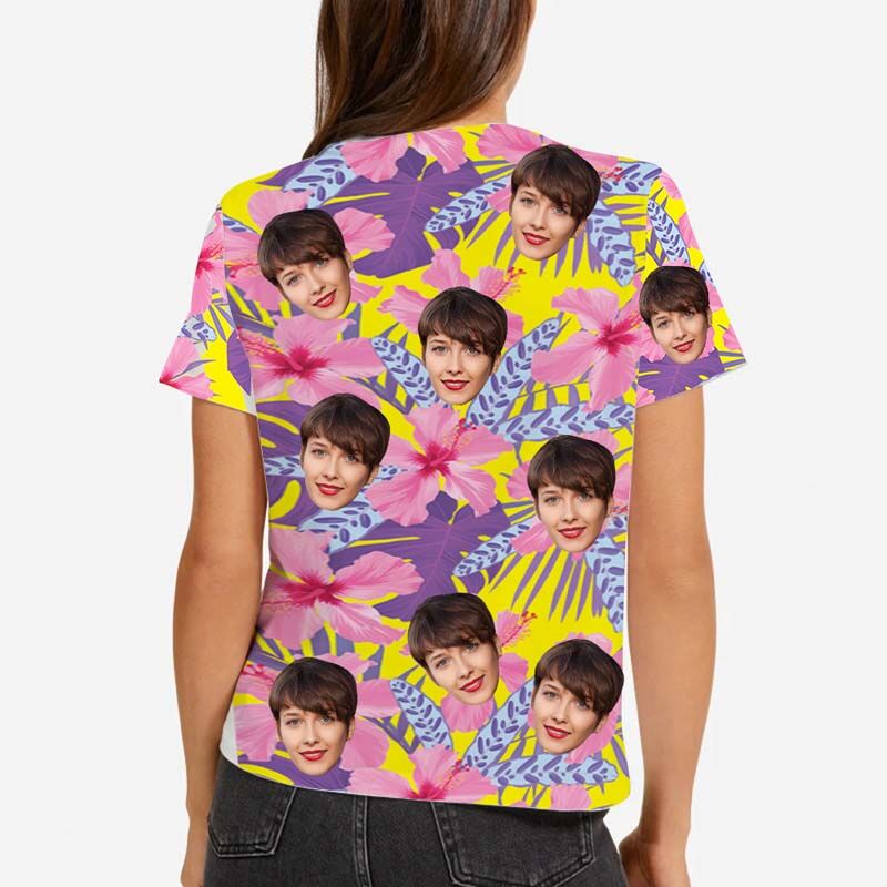 Custom Face Women's Hawaiian T-Shirt With Pink Hibiscus