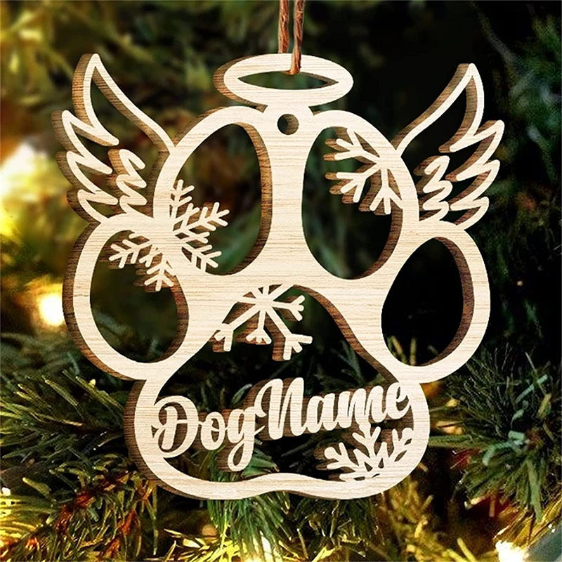 Custom Wooden Name Christmas Ornament Openwork Dog Paw Pendant with Wings