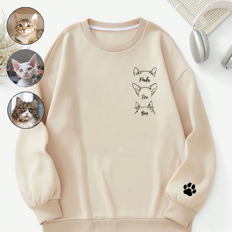 Personalized Sweatshirt Optional Kitten Head Line Design with Custom Names Gift for Pet Lovers