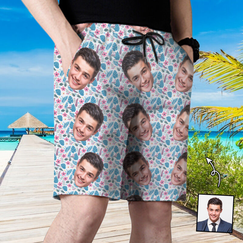 Personalized Picture Men's Beach Shorts with Cute Flowers Pattern Best Gift for Friend