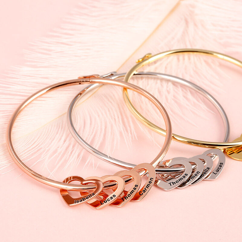 "Keep Love in Your Heart" Bangle Bracelet with Heart Pendants