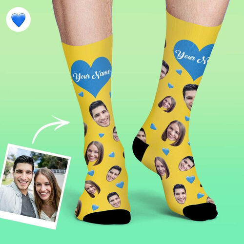 Personalisiertes Gesicht Bild Socken mit Schriftzug & blaue Herzen Warmes Geschenk