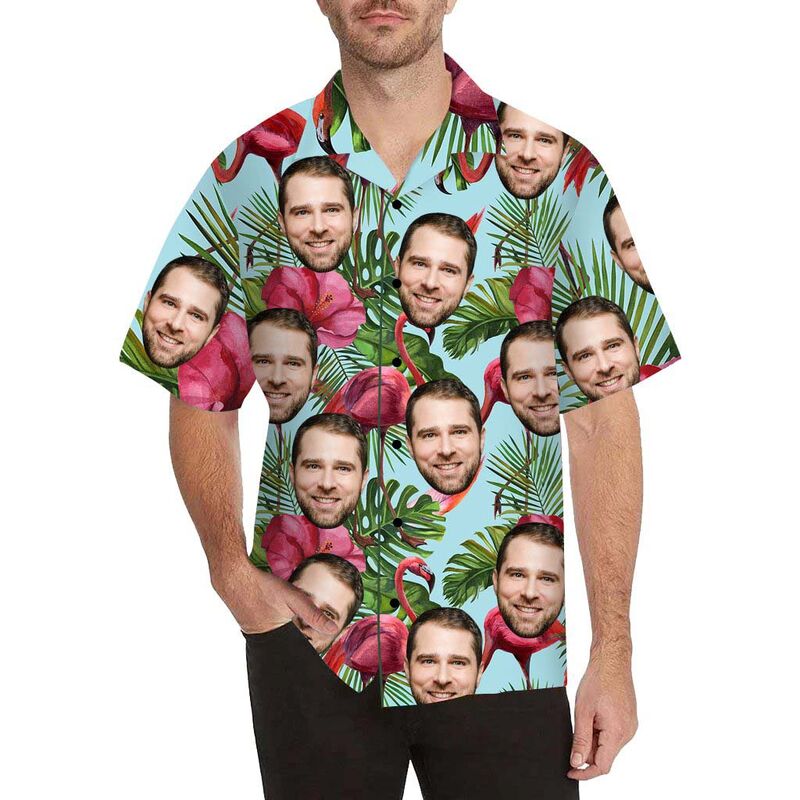 Custom Face Flamingo and Flowers Men's All Over Print Hawaiian Shirt