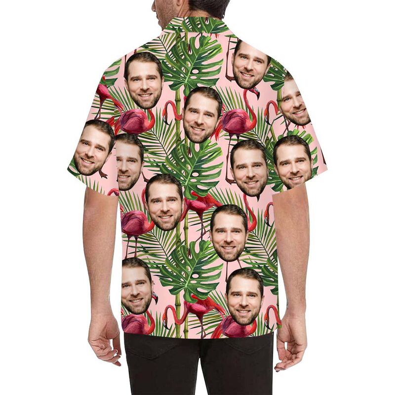 Custom Face Red Flamingo and Tree Men's All Over Print Hawaiian Shirt