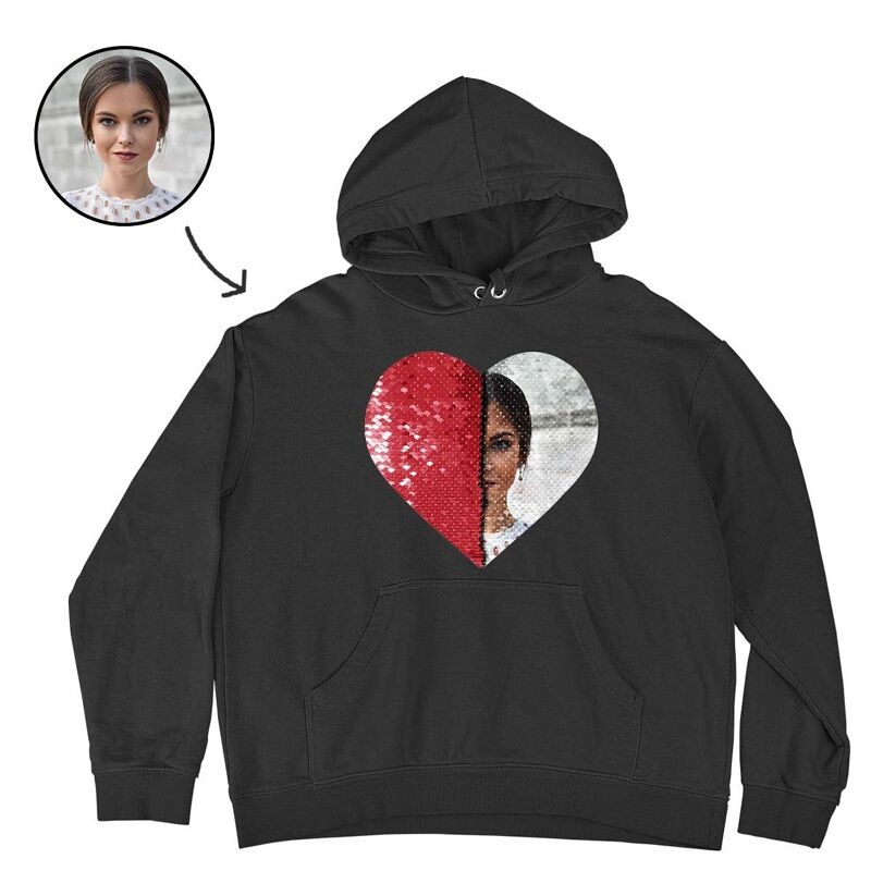 Personalized Hoodie Heart Shaped Sequin with Custom Photo Design Creative Gift for Couples