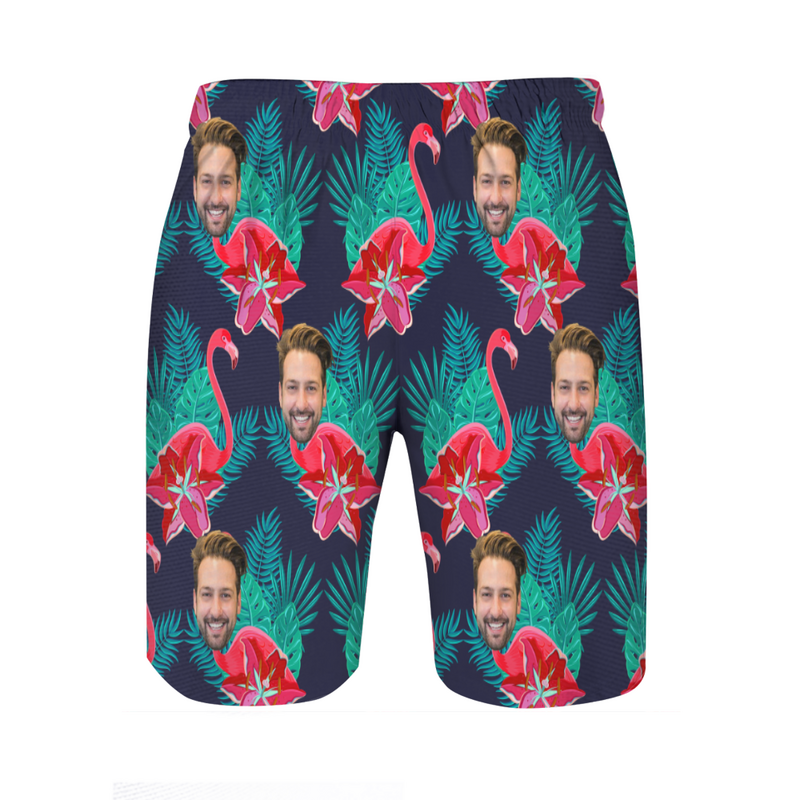 Personalized Picture Men's Beach Shorts with Cute Flamingo Pattern Best Present for Grandpa