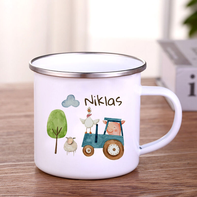 Personlig emaljmugg med namn Traktor Traktor Gård Barnens campingmugg för barn