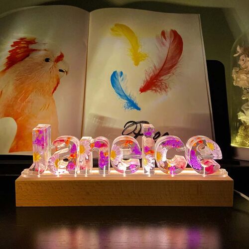 Lampada LED Personalizzata con Nome Lettera e Fiori Secchi di Resina Petalo Viola e Bianco per Mamma