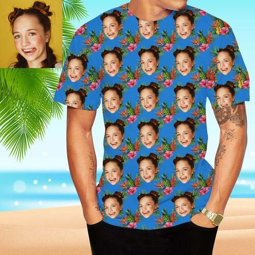 Custom Face Hawaiian T-Shirt With Floral & Pineapple