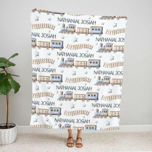 Custom Name Soft Blanket With Cartoon Train Pattern Gift for Little Boy