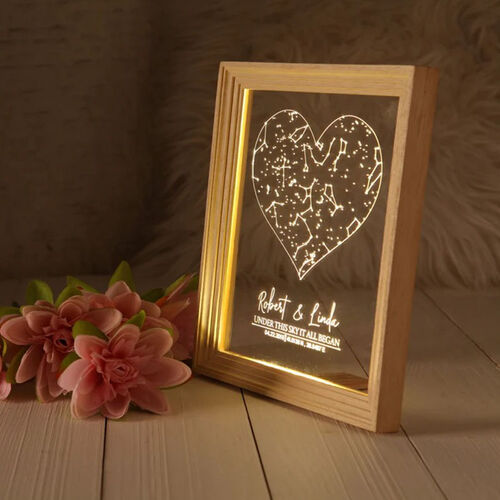 Personalized Wooden Acrylic Heart Shaped Star Map Chart Custom Name Lamp