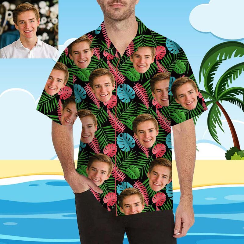 Custom Face Cute Tropical Plant Leaves Men's All Over Print Hawaiian Shirt