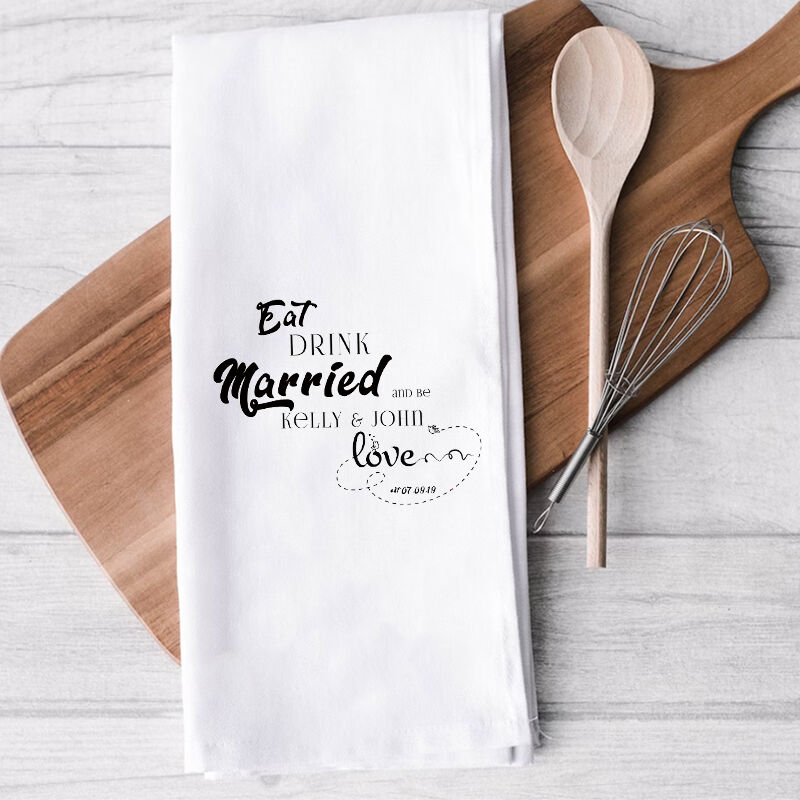 Personalized Towel with Custom Name Eat Drink Married Warm Pattern Design for Wife