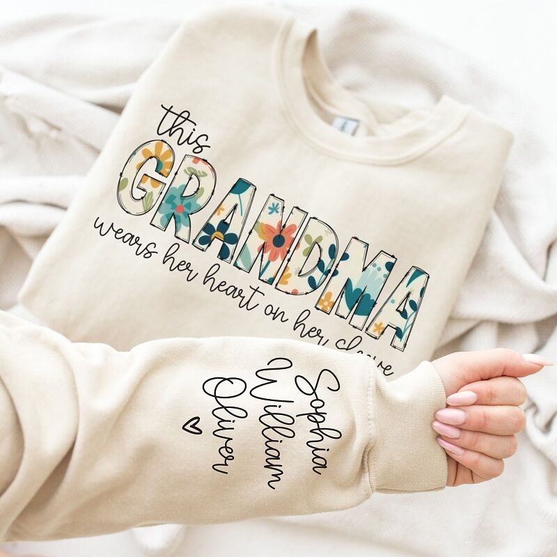 Personalized Sweatshirt Grandma Wears Her Heart On Her Sleeve with Custom Names Gift for Dear Nana