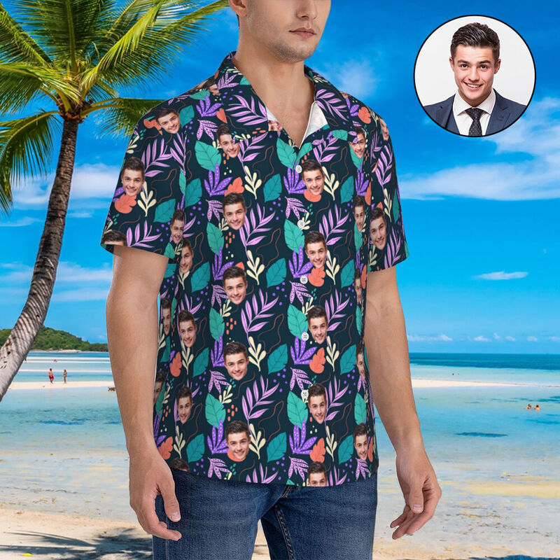 Camicia hawaiana personalizzata con stampa di foglie colorate per uomini