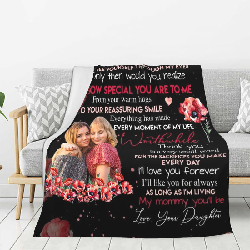 Personalized Picture Blanket with Red Flowers Pattern Beautiful Gift for Wonderful Mom