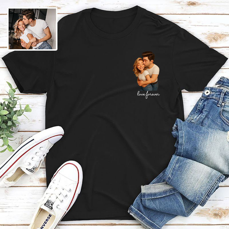 Personalized T-shirt Custom Couple Photo 3D Cartoon Style Design Perfect Gift for Lovers