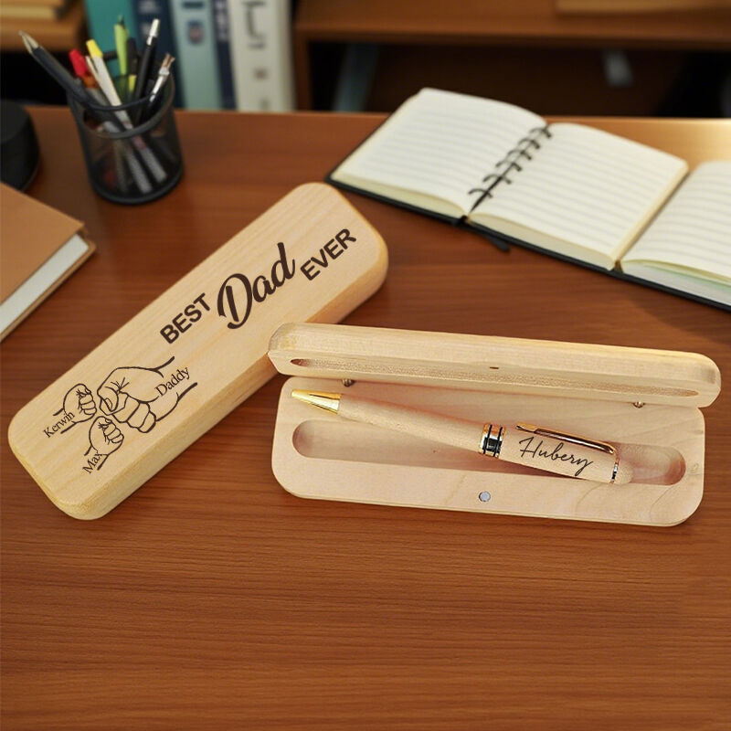 Personalized Pen Wooden Box Best Dad Ever Custom Fist Bump Design Attractive Gift for Dear Father