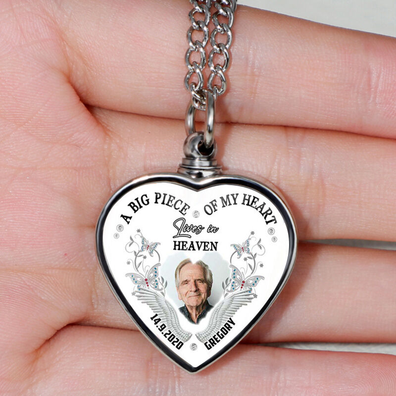 Personalized A Big Piece Of My Heart Lives In Heaven Memorial Picture Urn Necklace