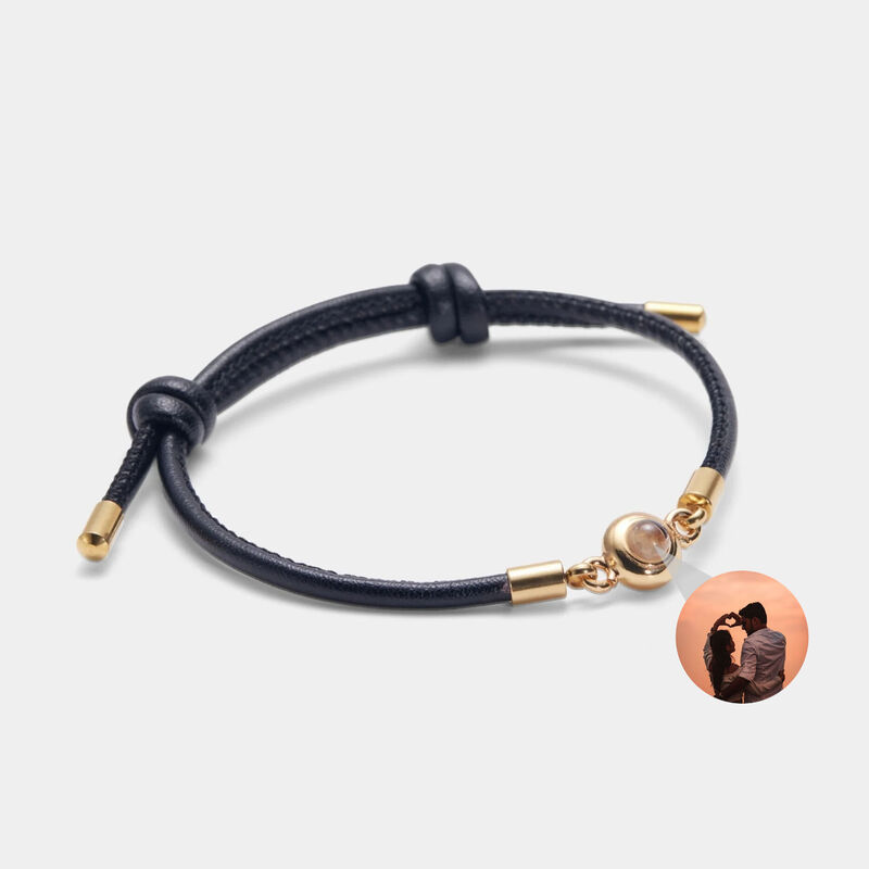 Personalized Photo Projection Bracelet Black Leather String for Her or Him